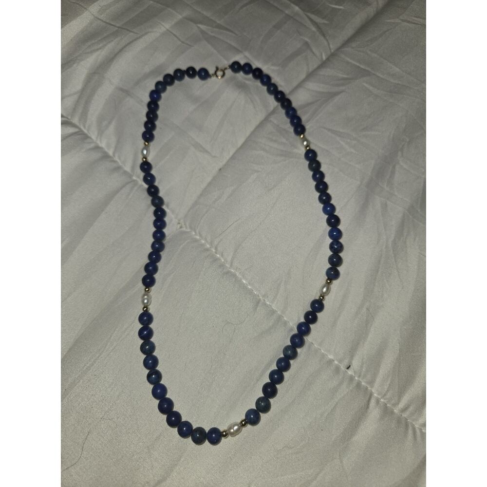 Beaded Lapis Lazuli, Pearl & 14k Yellow Gold Necklace with Spring Ring Clasp